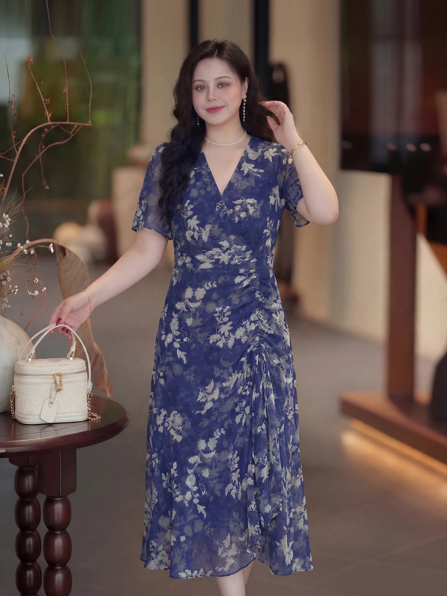 

Dave's plus Size Women's Beautiful Floral Print V-Neck Dress Fashionable Drawstring High Waist Midi Skirt Summer New Arrival