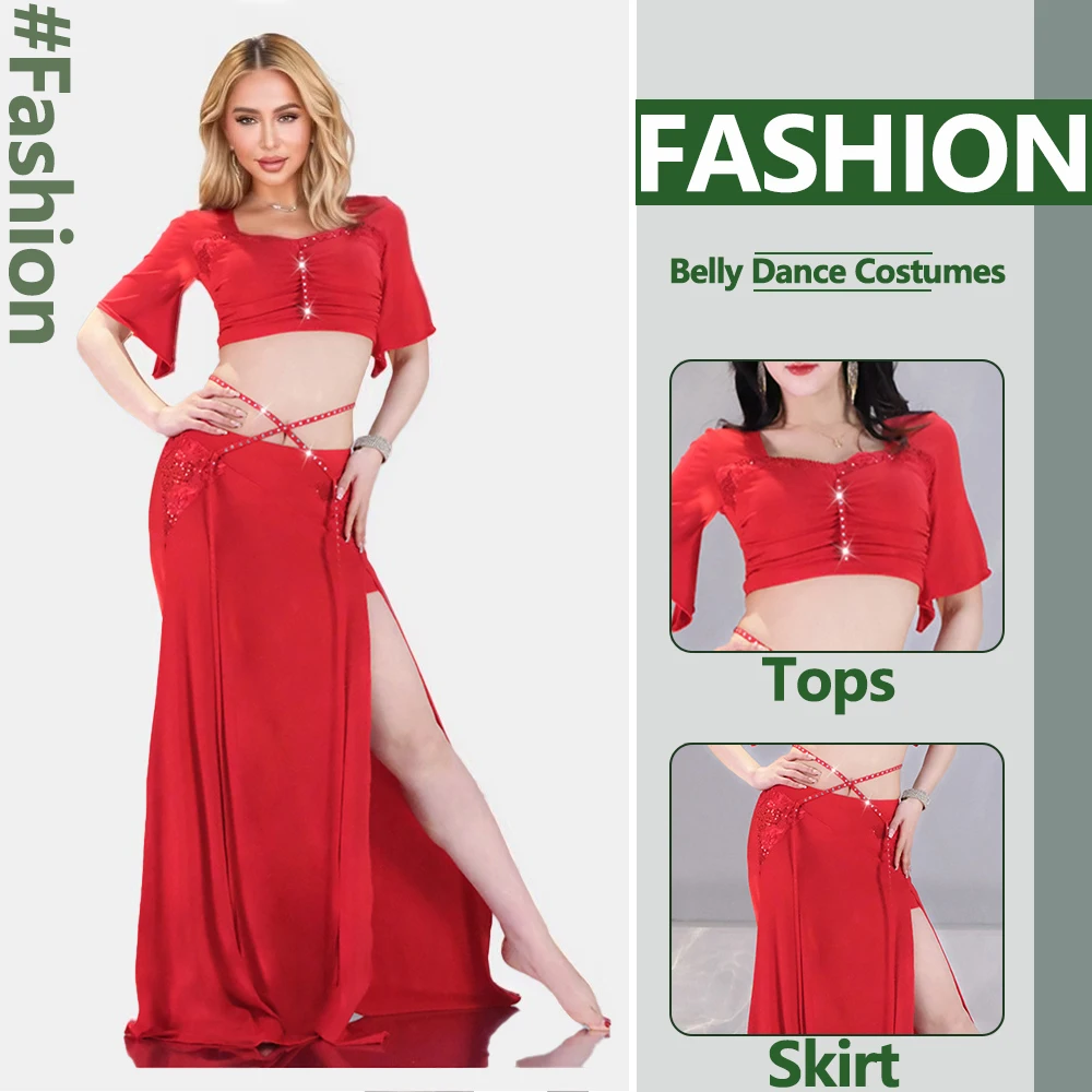 Women Belly Dance Performance Costume Suit Sexy Dancing Top and Chiffon Long Skirt