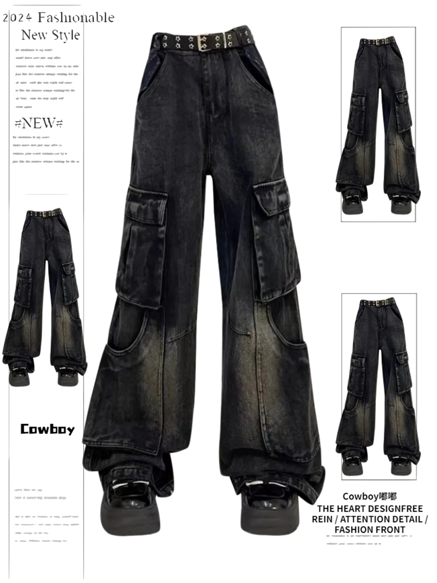 

Y2K Women's High Waist Wide Leg Cargo Jeans Black Vintage Washed Multi Pocket Loose Fit Streetwear Fashion Denim Trousers