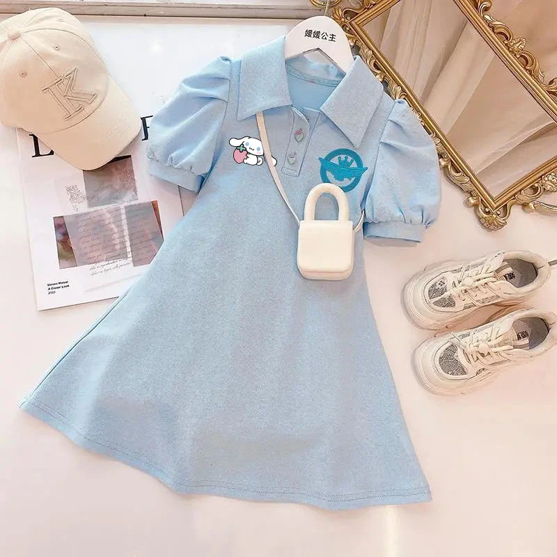 

Anime Kuromi My Melody Children's Dresses Cartoon Printing Fashion Polo Collar Bubble Sleeve Kids A-Line Dresses Girls Gift