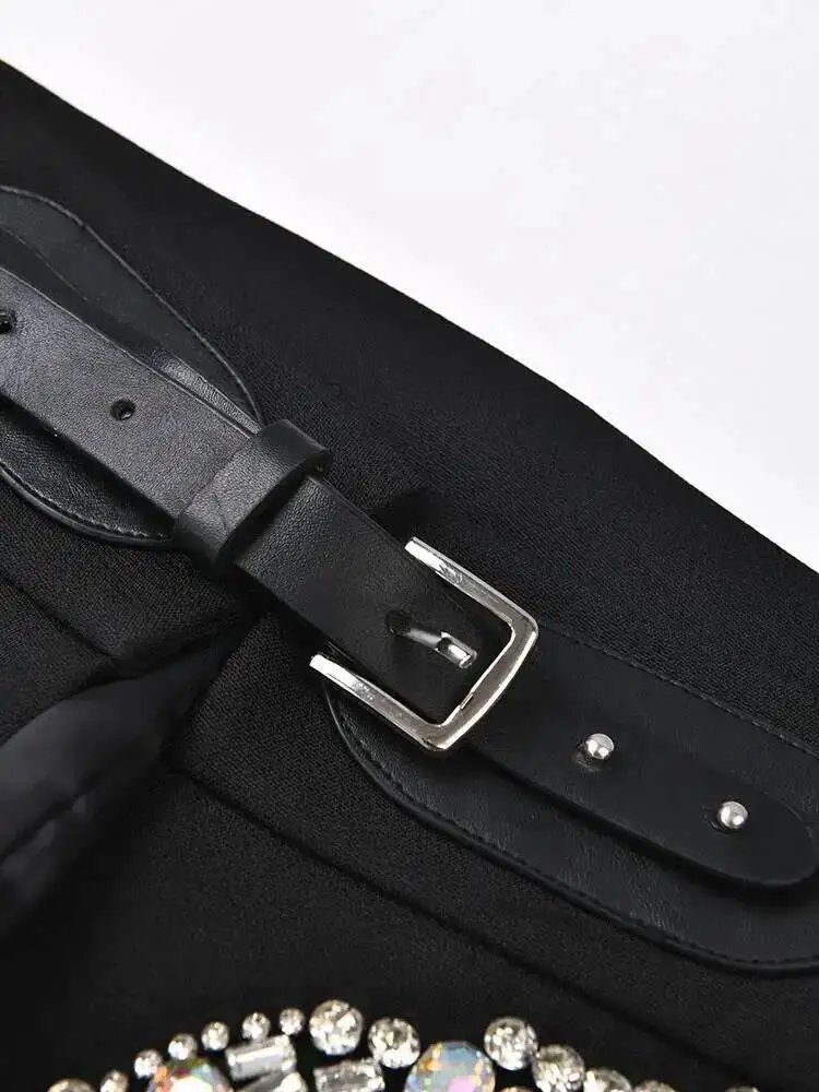 EAM Black Irregular Rhinestones Belted Mini Half-body Skirt High Waist Women Fashion Tide New Spring Autumn 2026 JY75801