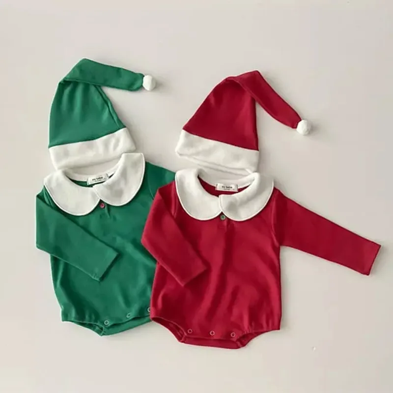 Christmas Baby Clothing Red Green Solid Color Romper Hat 2pcs Sets Infant Boy Girl Festival Xmas Clothes New Year Jumpsuit