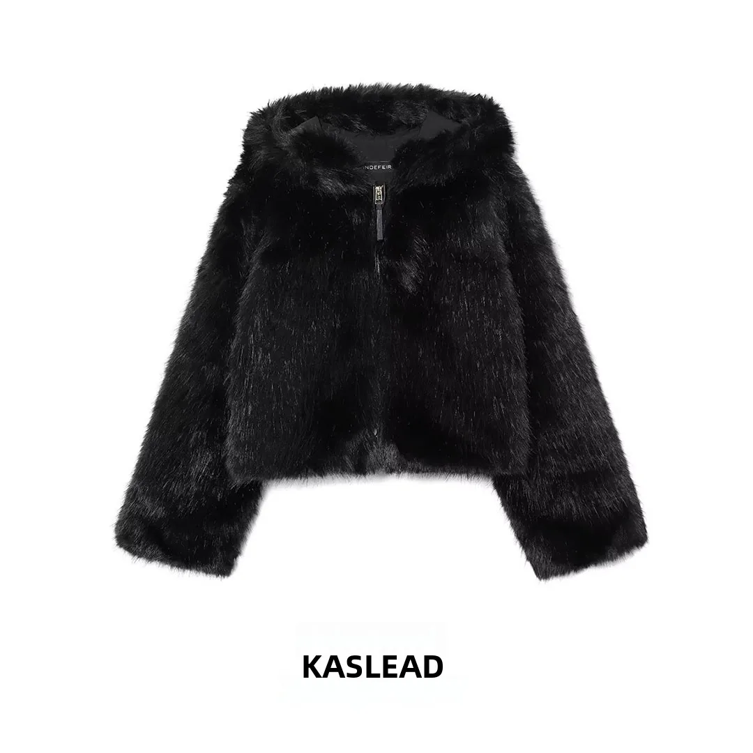 KASLEAD Neuer faionable Damen-Jahet-Mantel mit Hut, Kunstfell, lang, Swe, Reißverschluss, Polyesterfaser, normale Länge