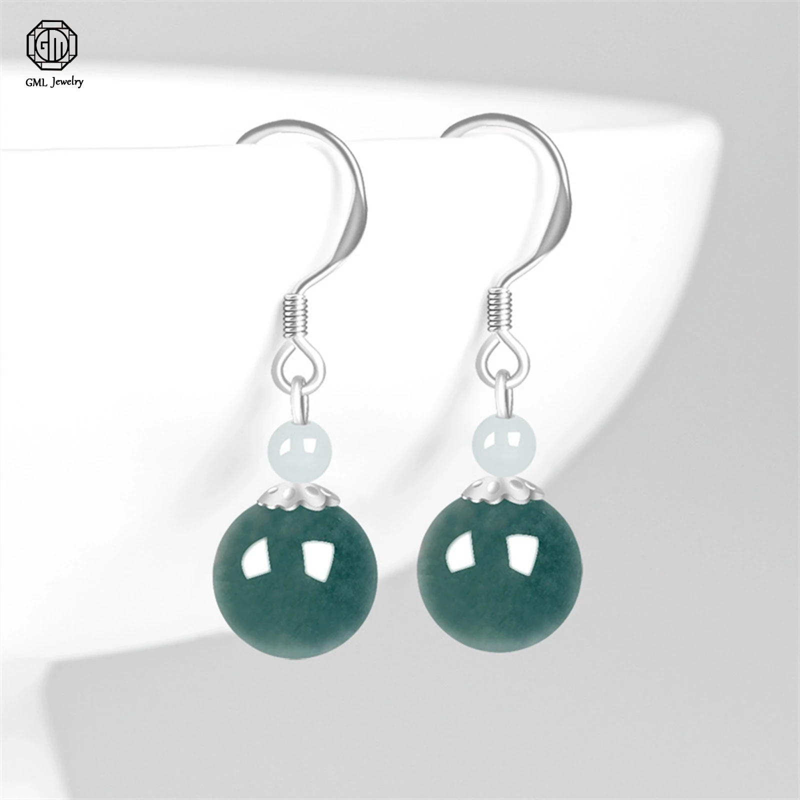 

Серьги-подвески из натурального жадеита типа А, цвета горохового зеленого, круглые бусины, в оправе из стерлингового серебра 925 пробы, женские, в этническом стиле, модные