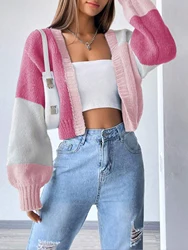 Color Block Open Front Knit Cardigan Casual Lantern Sleeve Crop Sweater Women's Clothing