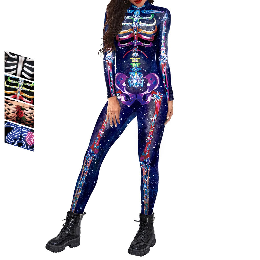 Zawaland Halloween Women Jumpsuits Fluorescent Skull Printing Bodysuit Party Fashion Long Sleeve Slim Horror Cosplay Costume