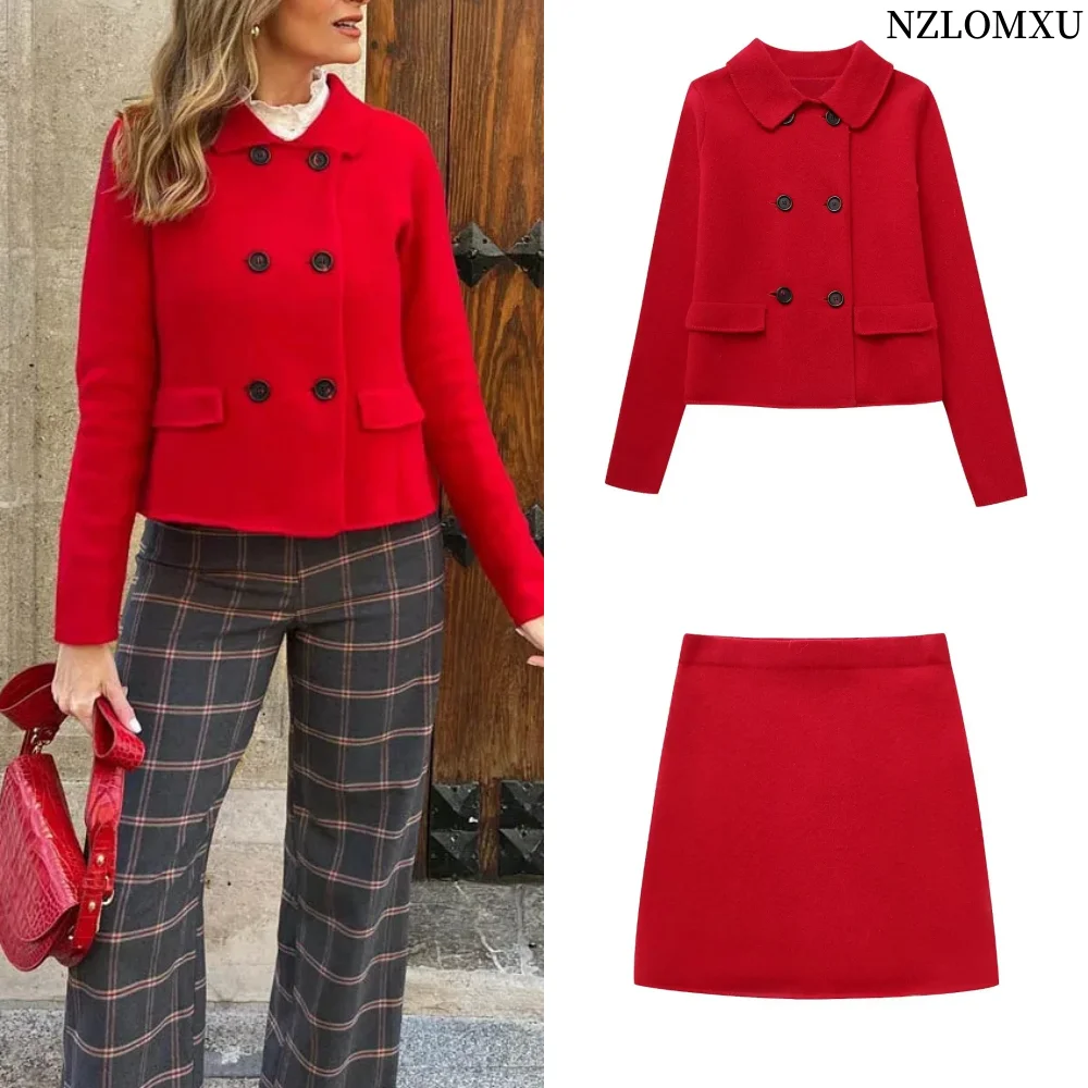 Autumn Women\'s Long Sleeve Woolen Coat Street Wear Pocket Double-Breasted Button Jacket Fashion Red Women\'s Short Jacket