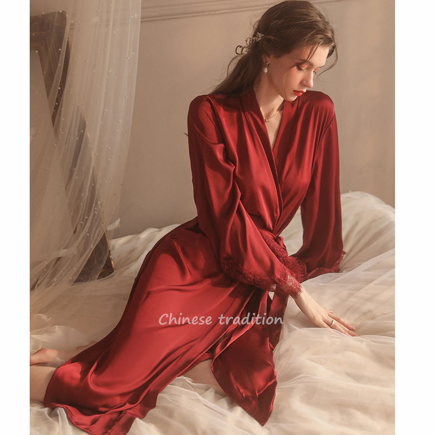 

Bride Burgundy Robe Gown Sexy Lace Patchwork Sleepwear Satin Loungewear Women Soft Kimono Bathrobe Intimate Lingerie Nightgown