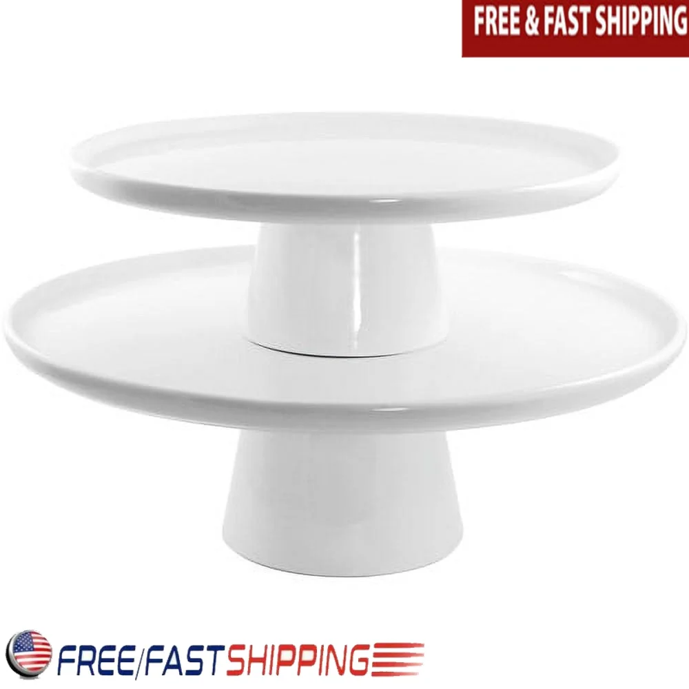 

2 Piece Porcelain Cake Stand Set Dishwasher Microwave Oven Safe Stacking Sweet Treat Display Large Small Tiers White