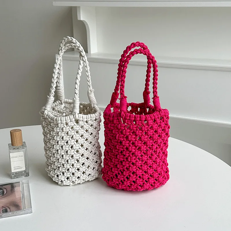

Trendy Straw Bucket Bags For Women 2023 Cotton Fabric Woven Hollow Out Design Handbags Summer Beach Travel Small Tote Bag