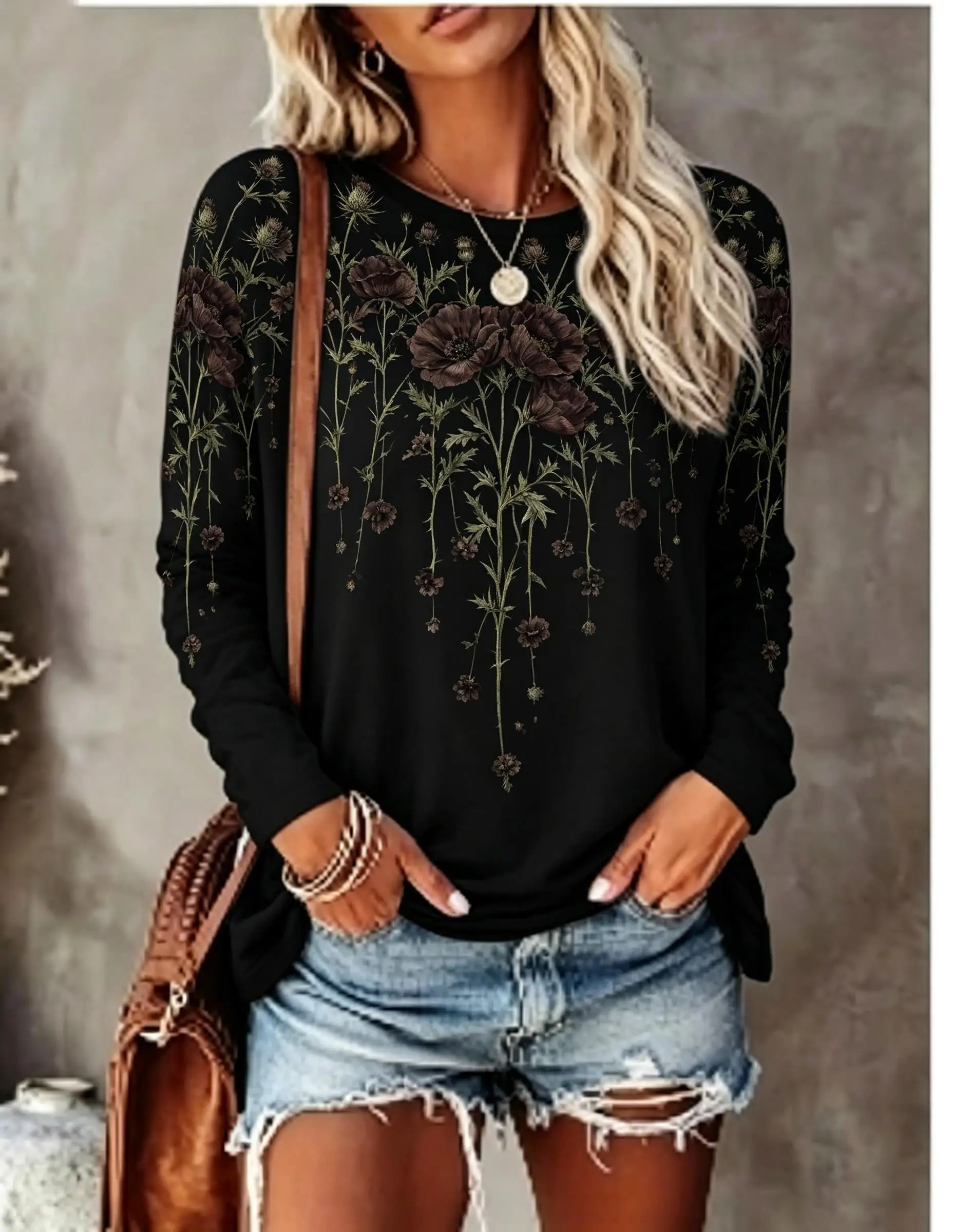 Women Long Sleeve T‑Shirt Vintage Hanging Botanical Floral Boho Print Crew Neck Casual Fall Tops