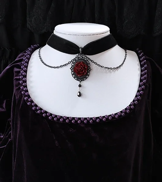 Gothic Dark Red Rose Pendant Black Velvet Necklace Jewelry