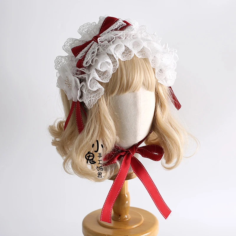 Lolita Girls Rose With Long Ribbon hearwear headband Top Hat with hairbins Anime Maid Cosplay Headdress