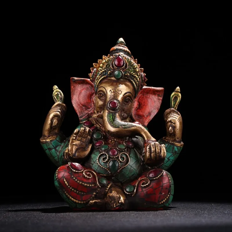 -style bronze statue of the God of Wealth elephant trunk, inlaid gemstones, painted with gold, antique collecti