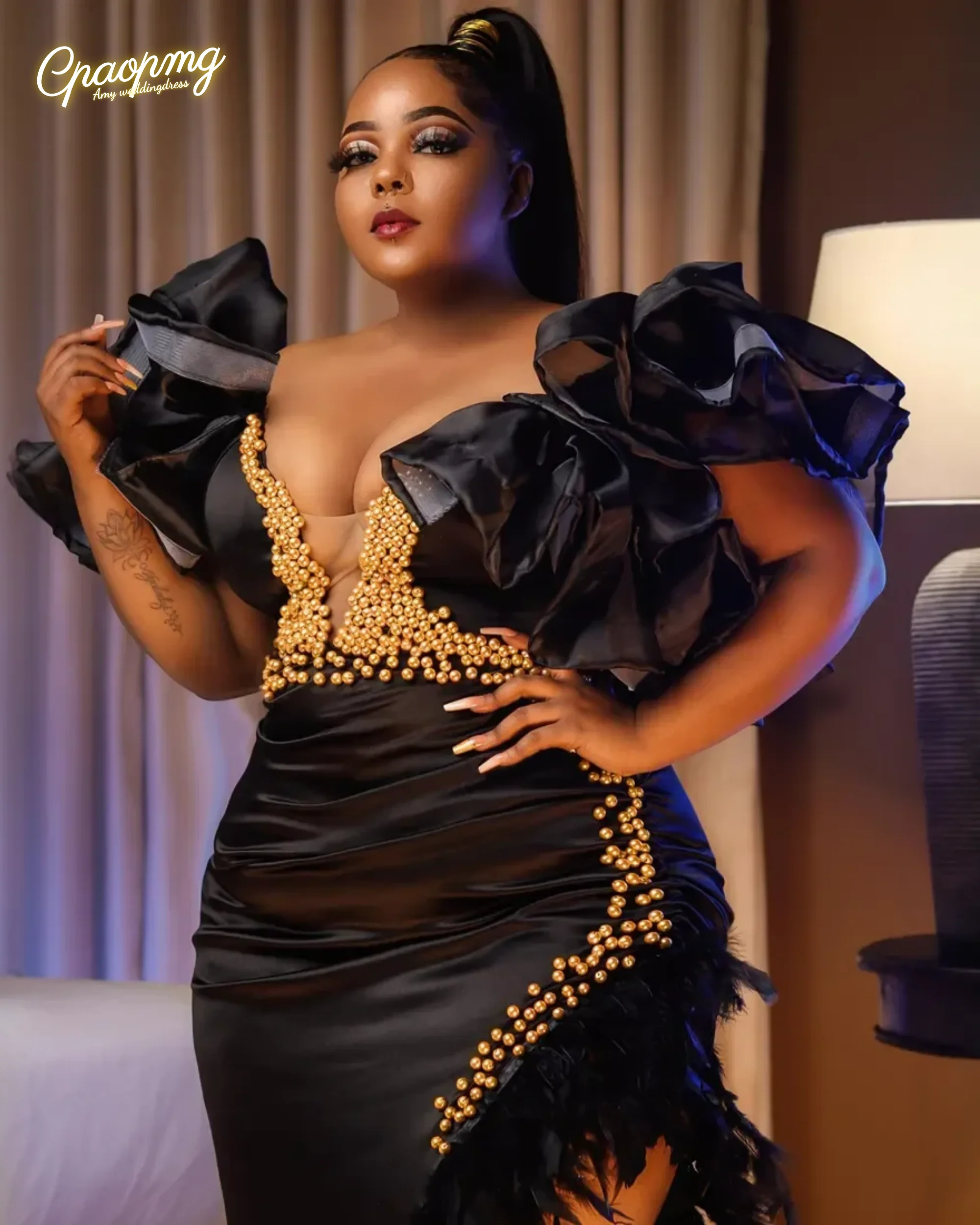 Customized Plus size PROM dress Black V-neck Sexy mermaid Feather Pearl Birthday party Engagement  Evening dress
