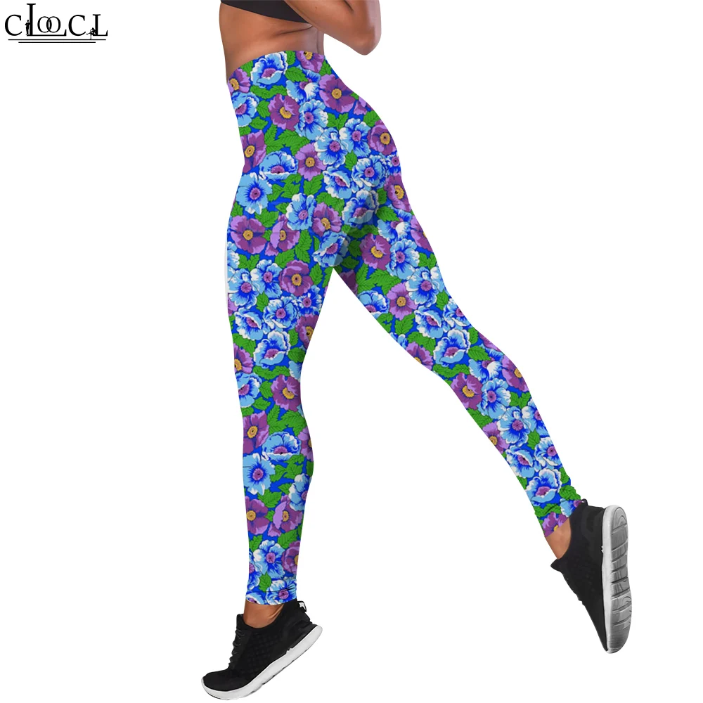 CLOOCL Lässige Damen-Leggings, blaues Blumenmuster, 3D-gedruckte Hose, hohe Taille, Stretch, Fitness, Sport-Leggings, Übungsformung