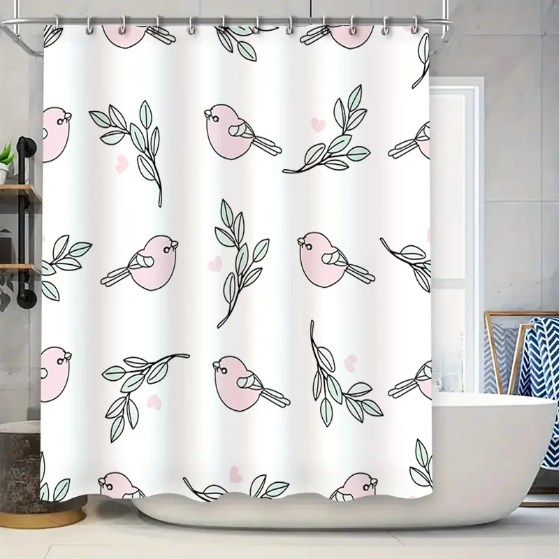 

Delightful Bath Decor: Pink Birds Leaves Shower Curtain for Modern Bathroom Elegant Decoration with Floral Motif Soft Heart Shap