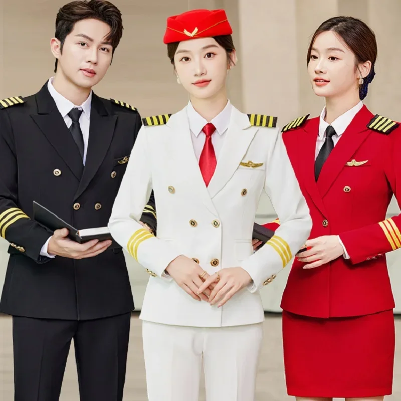 

Men Pilot Uniform Air Captain Jacket Pants Airline Woman Top Trousers Security Guard Manager Costume Fight Attendent Skirt Suit