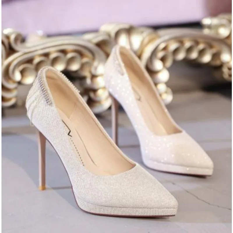 New Pointed Toe Pumps Women\'s Platform Stiletto Heels Sequins Tassel Wedding Shoes Banquet Shoes