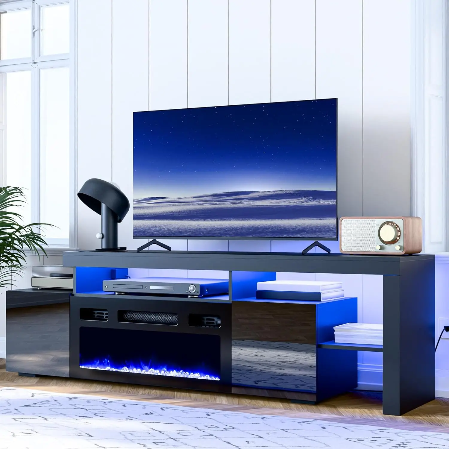 Meuble TV cheminée extra long 73.2 pouces, pour télévision jusqu'à 85 pouces, centre de divertissement à haute brillance avec foyer électrique et lumières LED