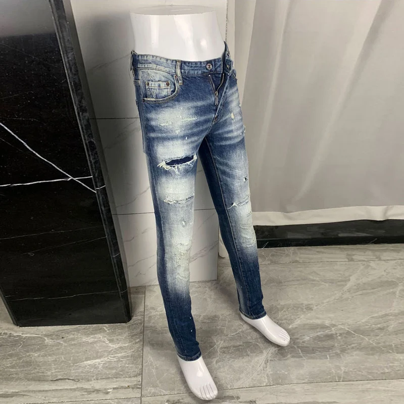 High Street Fashion Men Jeans Retro Blue Stretch Slim Fit Patched Ripped Jeans Men Brand Designer Vintage Denim Pants Hombre