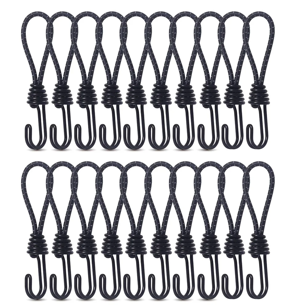 20PCS Tent Elastic Rope Cord Hook Outdoor Camping Canopy Tarp Tent Fixing Cord String Carabiner Hooks Accessories Black