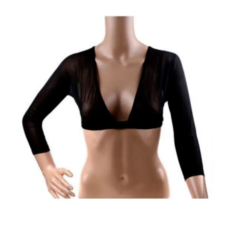 Nuevo Chaleco de encaje para mujer, moldeador de brazo sin costuras de malla transparente, Top corto adelgazante con cuello en V, cárdigan hueco,