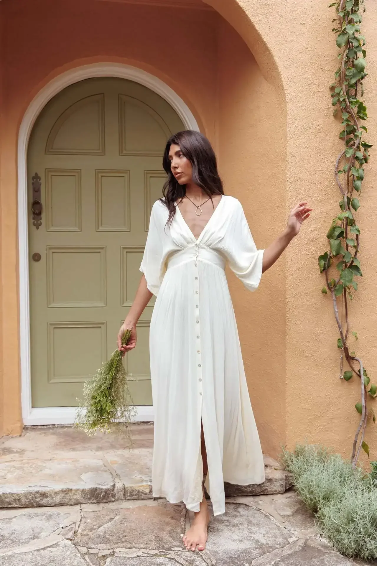 Robe longue en coton et lin pour femmes, col en v, simple boutonnage, élégante, sexy, vêtements décontractés, été 2024