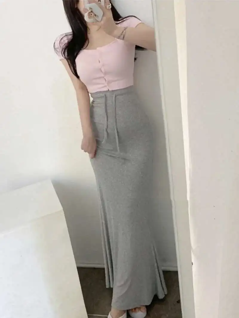 Spódnica damska w stylu koreańskim na jesień/zimę 2024, z wysokim stanem, sznurowana, typu rybka, gładka, wyszczuplająca, codzienna, uniwersalna, kopertowa, podkreślająca biodra, 14EG