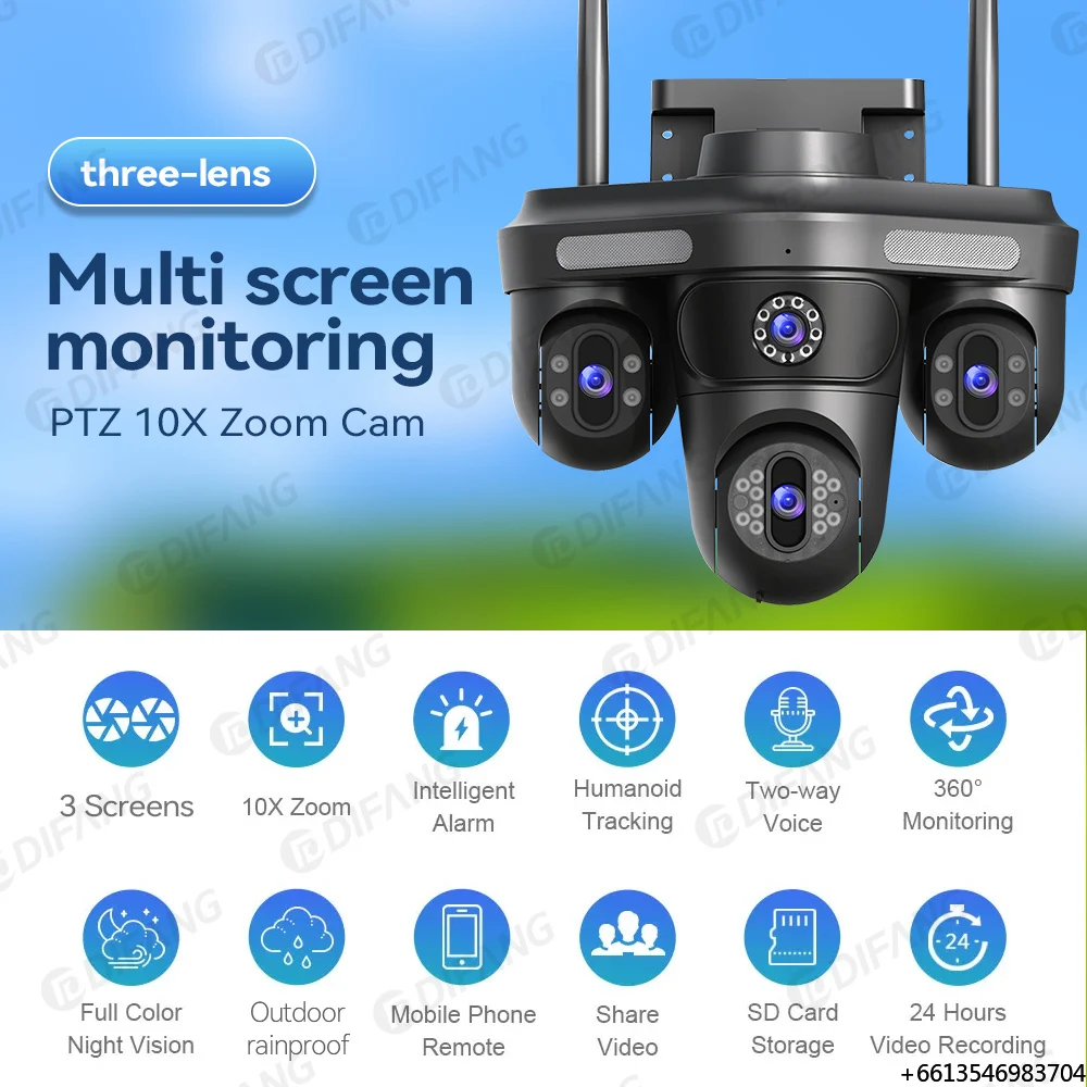 Factory Price 360° Outdoor WiFi Security Camera Motion Detection Night Vision Triple Lens Smart Wireless IP Camera OEM/ODM