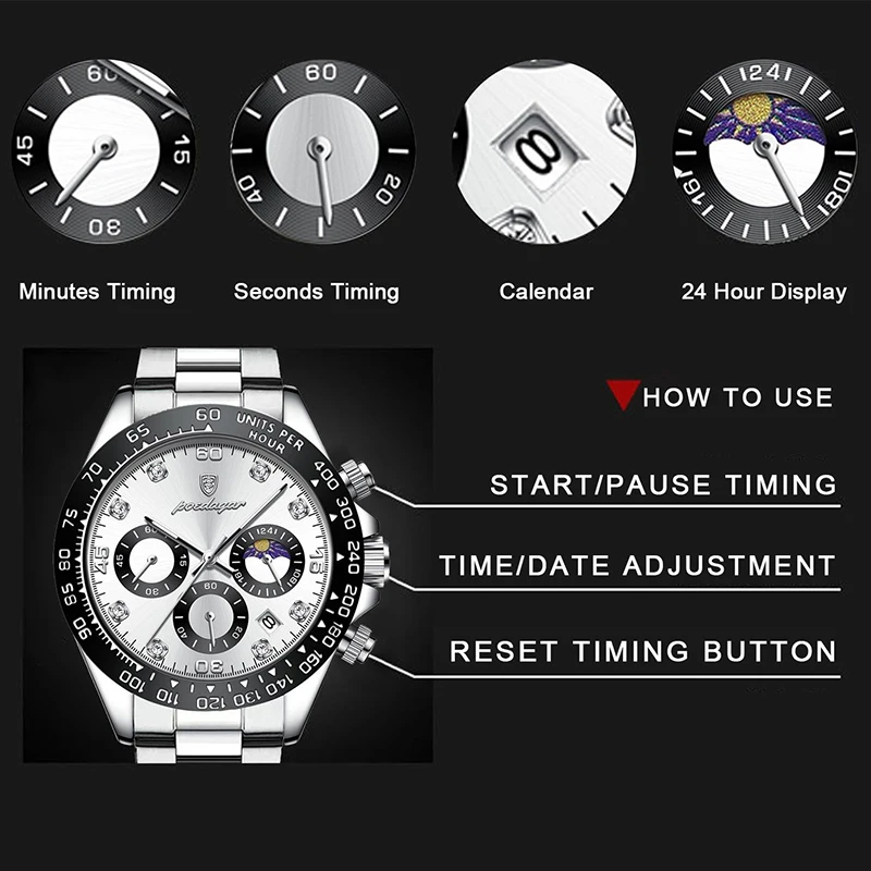 POEDAGAR Sport Chronograph Men Watches Luxury Business Moon Phase Quartz Men\'s Wristwatch Steel Strap Waterproof Luminous Clocks