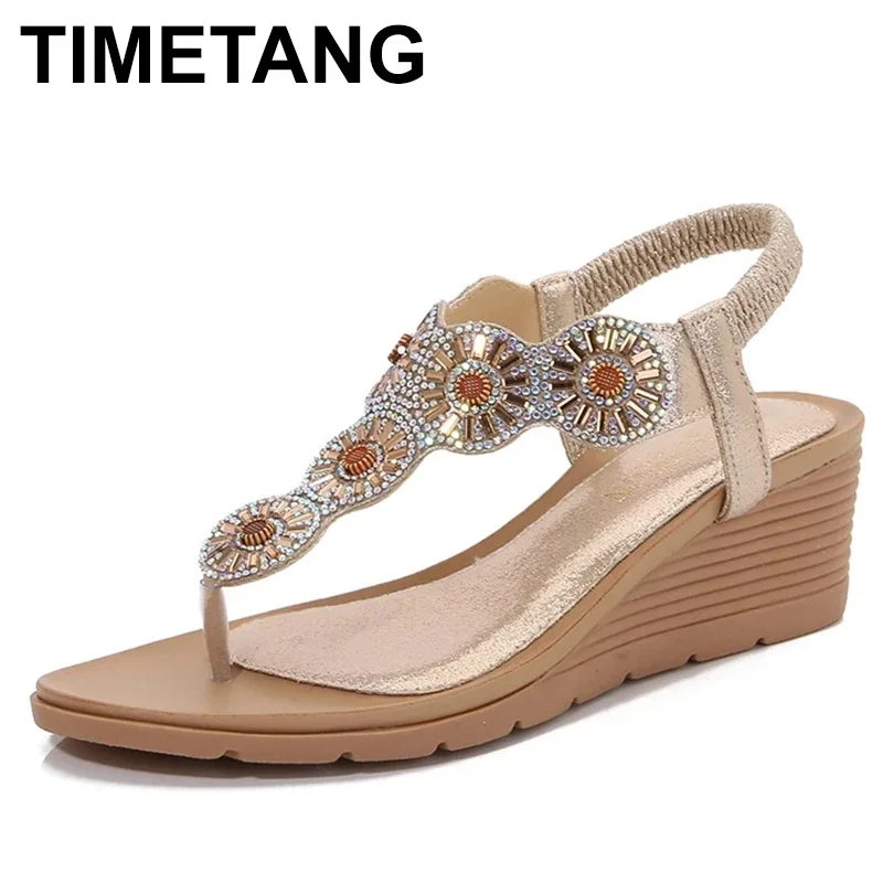 Sandals Insoles for Women Sandals Women 4d Women Wedges Sandals Elastic Ankle Strap Casual Bohemian Beach Shoes Rhinestone Decor