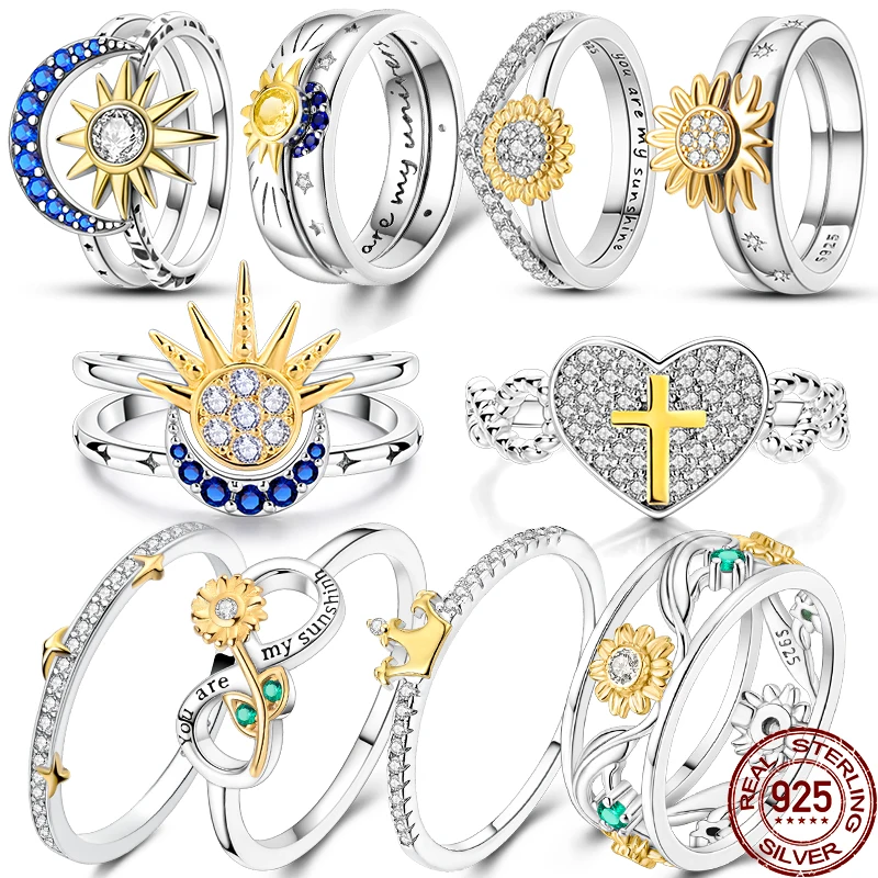 Glanz-Sonnenblumen-Ringe, Original 925er Sterlingsilber, Zirkon, Kreuz, Krone, Mond, Sonne, vergoldet, Set, Ringe für Frauen, edler Schmuck, Geschenk