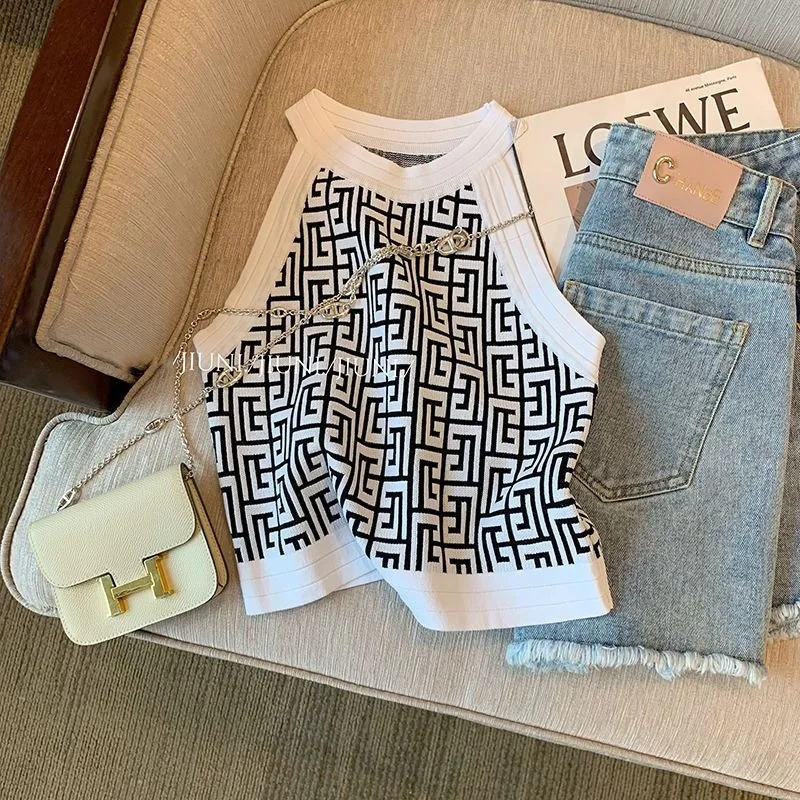 

Femme Summer Korean Fashion Printing Color Blocking Halter Sleeveless Women Clothing Vintage Fashionable Temperament Slim Camiso