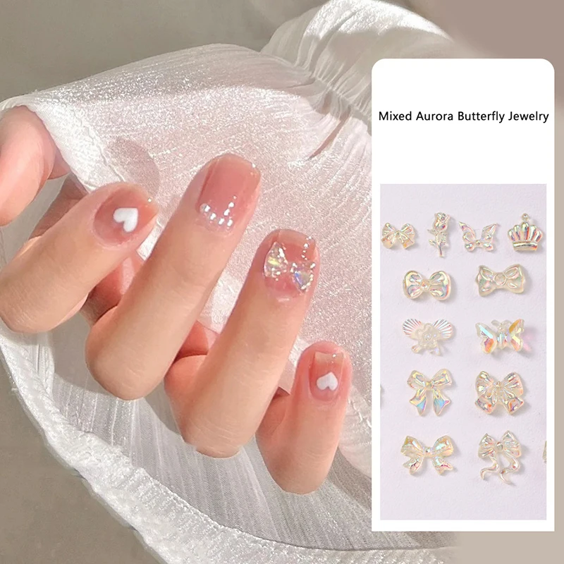 50 pezzi Auroras in resina trasparente con fiocco a forma di cuore per nail art, simpatico orso, farfalla, glitter, decorazione per unghie, accessori per gioielli