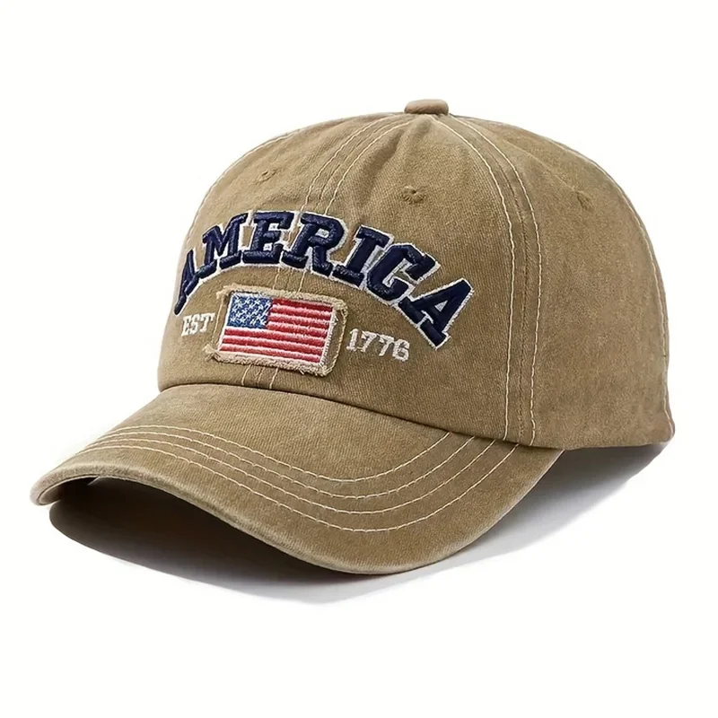 Vintage-Baseballkappe mit USA-Flagge, bestickt – auffälliger Schriftzug, Distressed Wash, Sonnenschutz – trendige Papa-Mütze für den Außenbereich – Detail 5