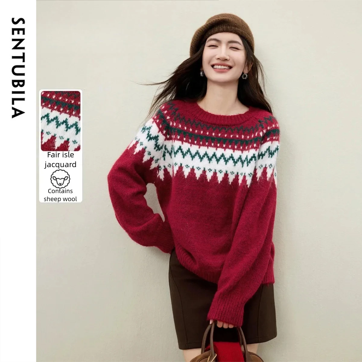

SENTUBILA Women's Chrismas Sweater 2025 Winter Fair Isle Wool Blend Round Neck Loose Knitwear Long Sleeve Top Female W54EE5750