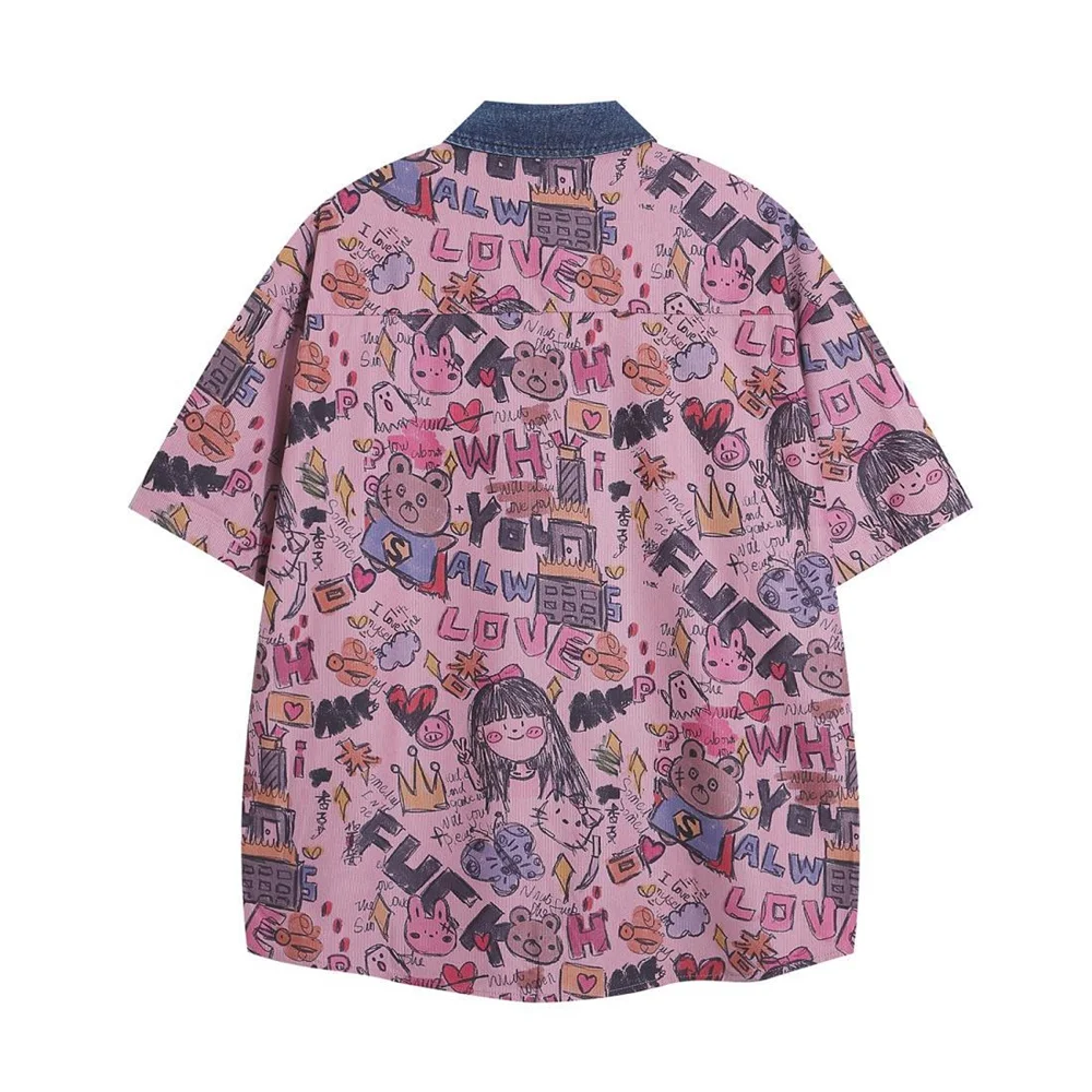 Large size American retro graffiti small short sleeve shirt female summer cartoon age loose half sleeve top