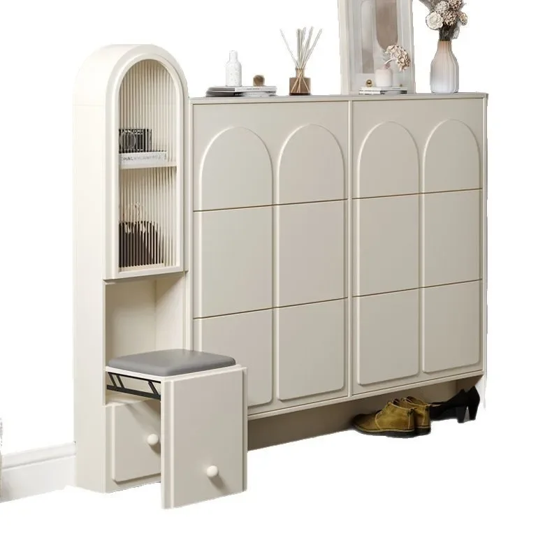 

Cream wind ultra-thin tipping bucket shoe cabinet narrow household door new entrance entrance shoe cabinet with stool integrated