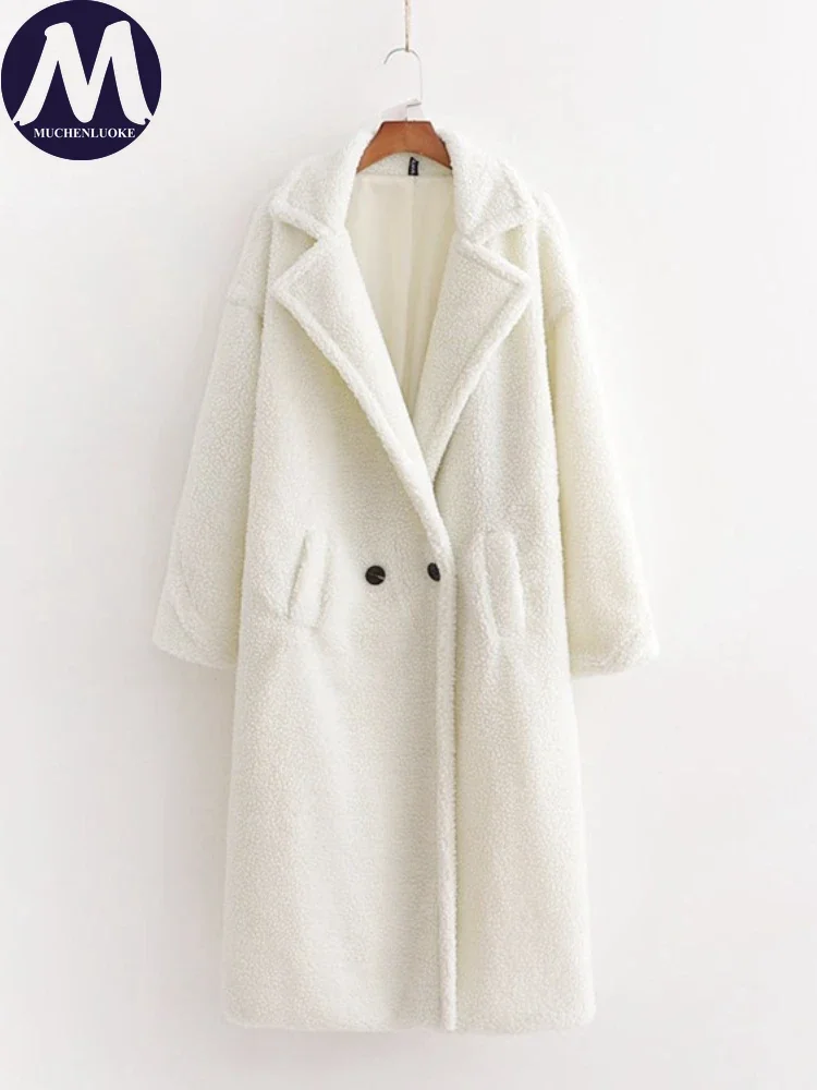 Artificial Lamb Down Lapel Mid Length Coat for Women, Warm Fur Coat, Casual Loose Overcoat, Elegant Fashion, New, Winter, 2023