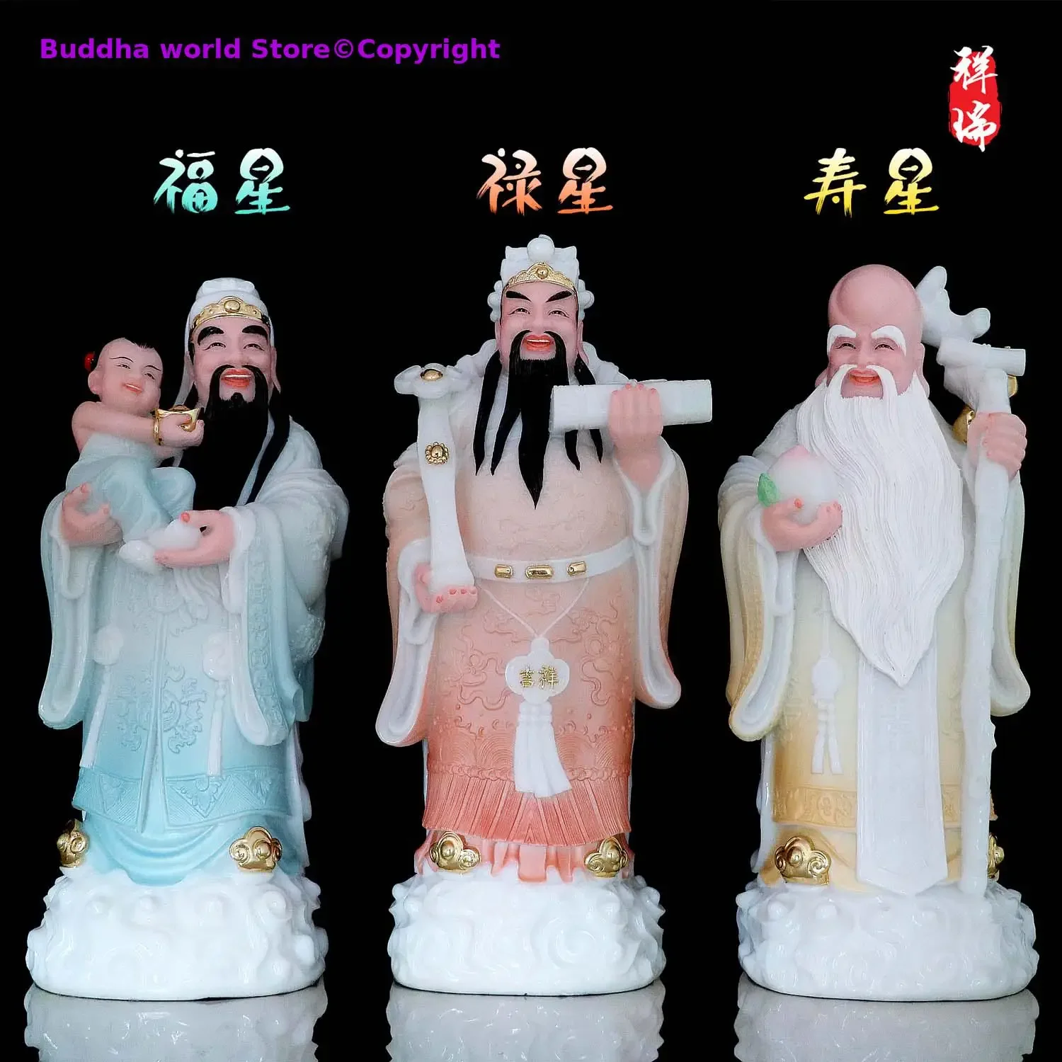 3PCS high grade HOME SHOP efficacious bless Fu Lu Shou God Good luck safe health patron saint God jade buddha statue 38cm large