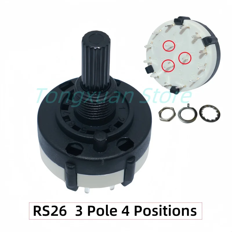 

5 шт. Поворотный переключатель диапазона RS26, 3-полюсный, 4-позиционный селектор каналов, длина ручки 20 мм с ручкой, Ratory Switch, 4 положения