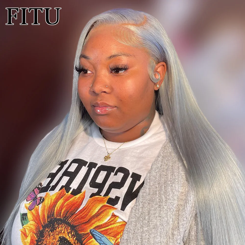 

FITU Grey Straight Transparent 13x6 13x4 Lace Frontal Human Hair Wig 613 Colored Plucked With Baby Hair 5x5 Lace Closure Wig