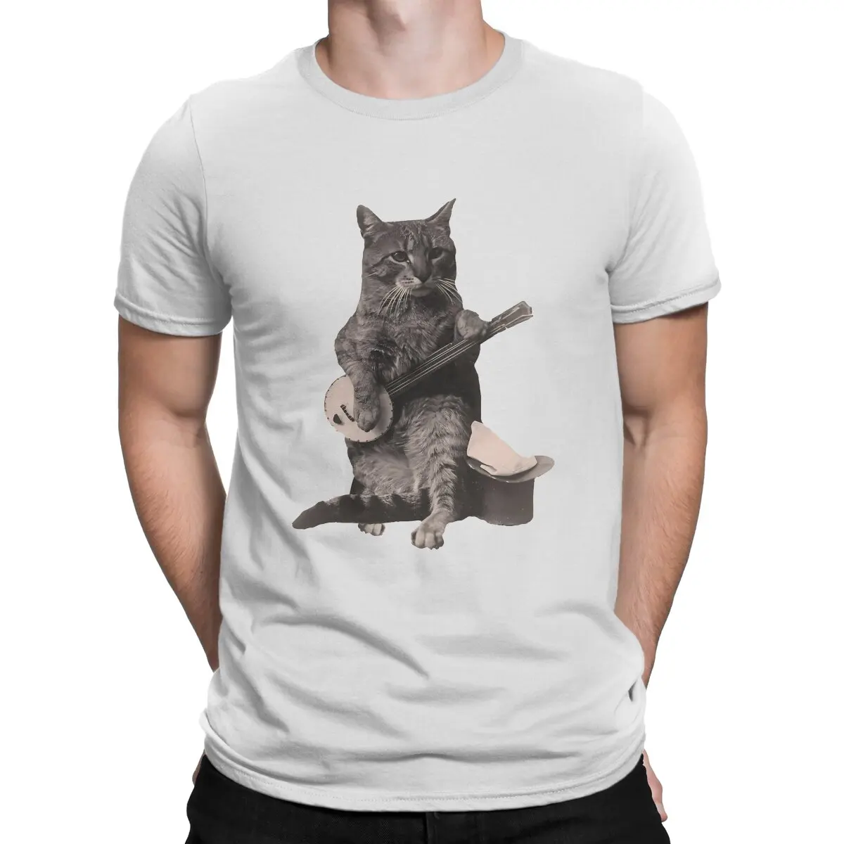 Guitar Lover TShirt for Men Cat Playing Banjo Humor Summer Tee T Shirt Novelty New Design Loose