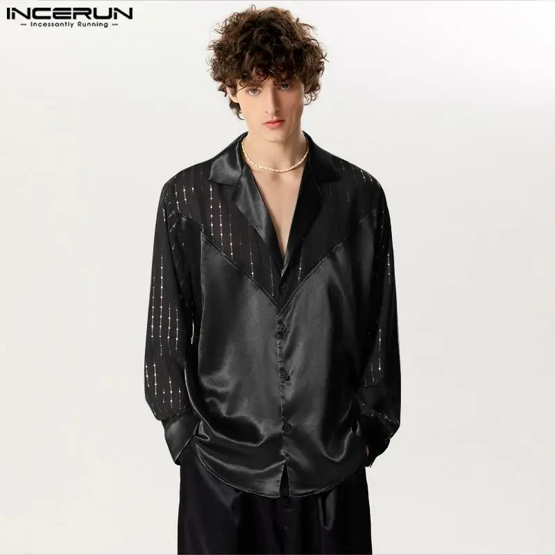 INCERUN-Camisas masculinas Glitter Sequin Patchwork V-Neck, Tops casuais na moda, estilo Clubwear masculino, blusa de manga comprida, S-5XL, 2024