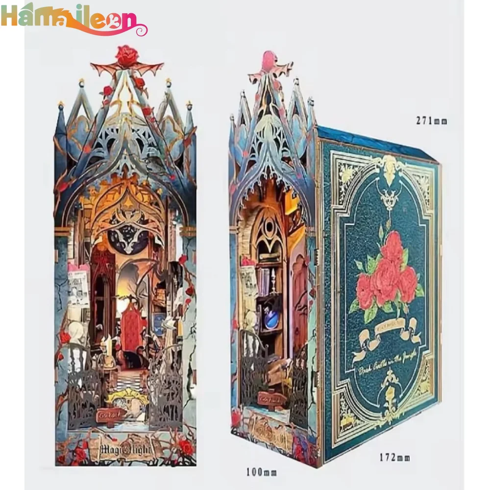 Hamaileon DIY Book Nook Kit Shelf Insert Miniature 3D Wooden Puzzle Bookshelf Dollhouse Bookend Toys（Twilight Castle）