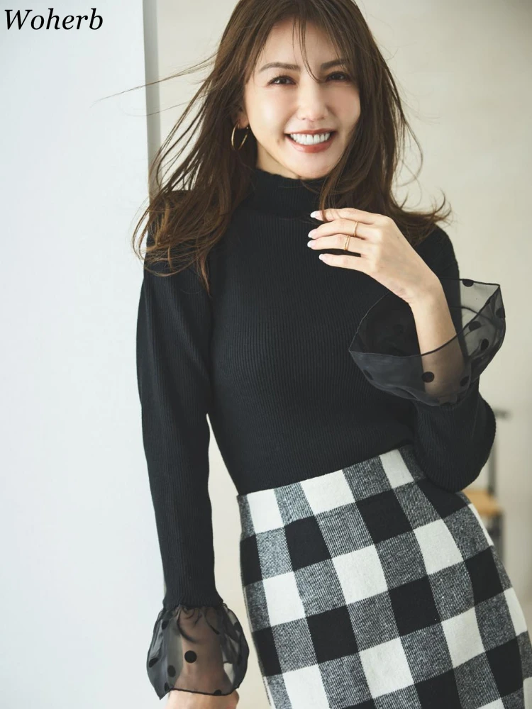 

Y2K Black Patchwork Gauze Sweater for Women Knitwear Jumper Flare Sleeve Half High Collar Sueter Mujer Fashion Seweet Pullovers