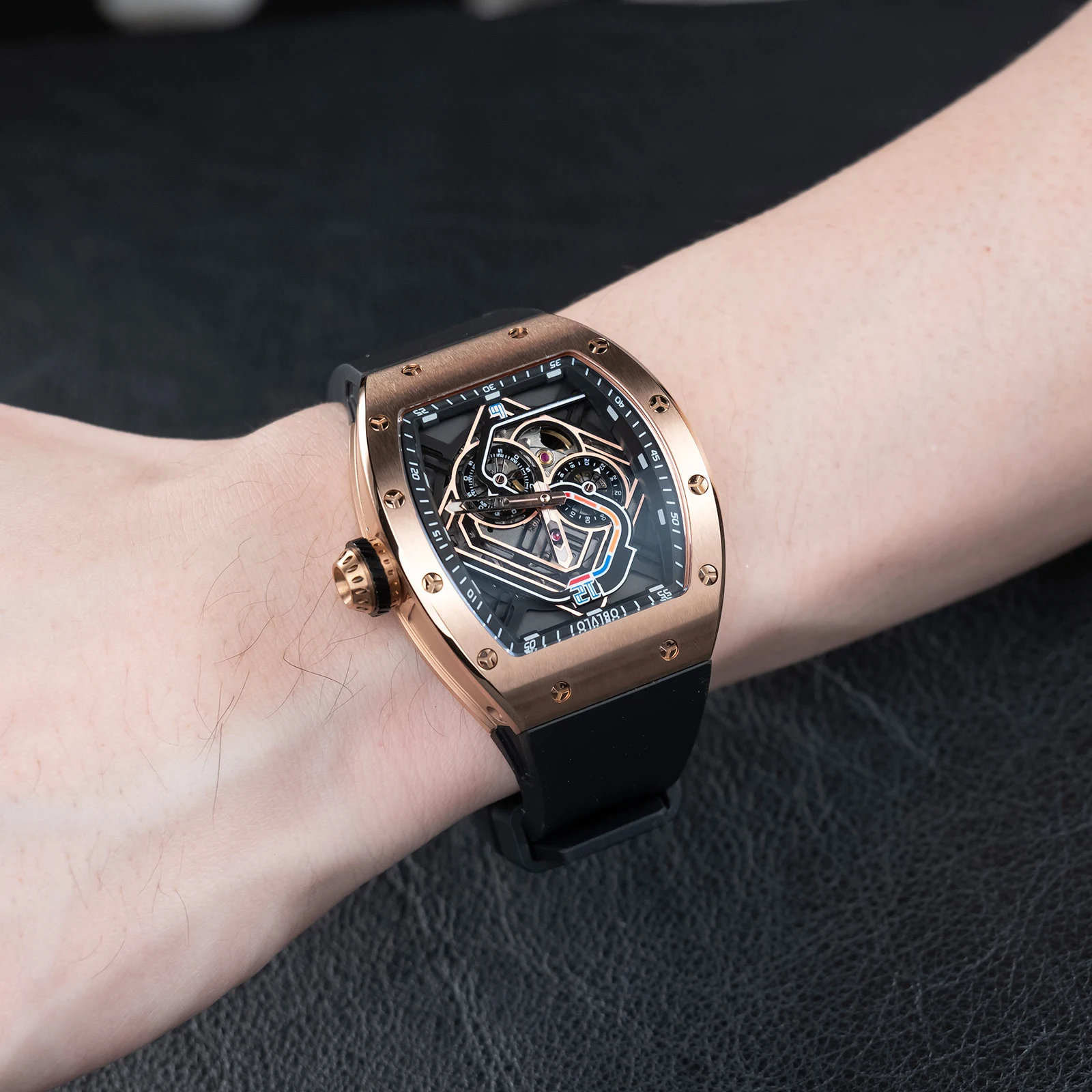 OBLVLO Men's Racing Dial Tonneau Automatic Watch Bronze Case Waterproof Rubber Strap Fashion Wristwatch XM-Racing