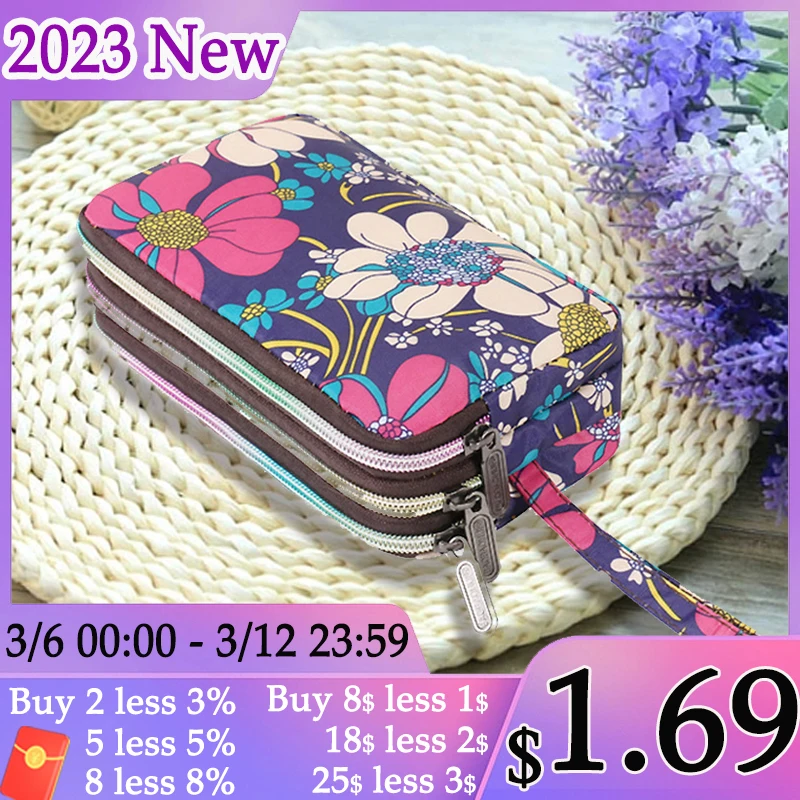 Vintage Floral Print Women Wallet Handbags With Wrist Strap Waterproof Larger Capacity Three-layer Canvas Long Wallet Coin Purse