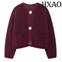 HXAO Winred Sweater Coat 2024 Women Autumn Winter Elegant Cropped Knitted Cardigan Ladies Fashion Casual Long Sleeve Short Coat